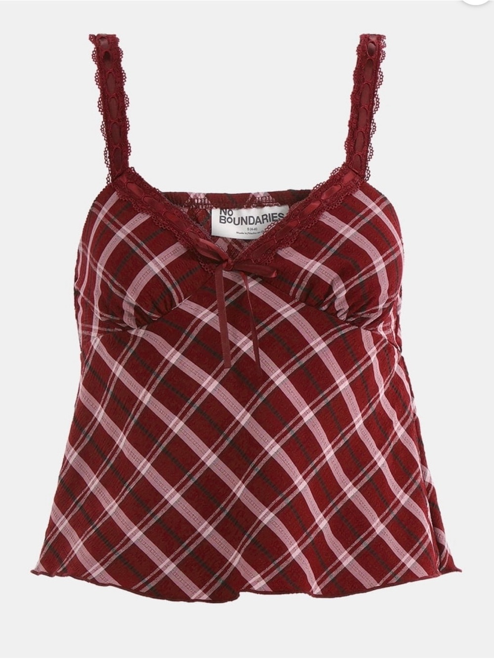 No Boundaries Red and Pink Plaid Lace-Trim Women’s Cami
